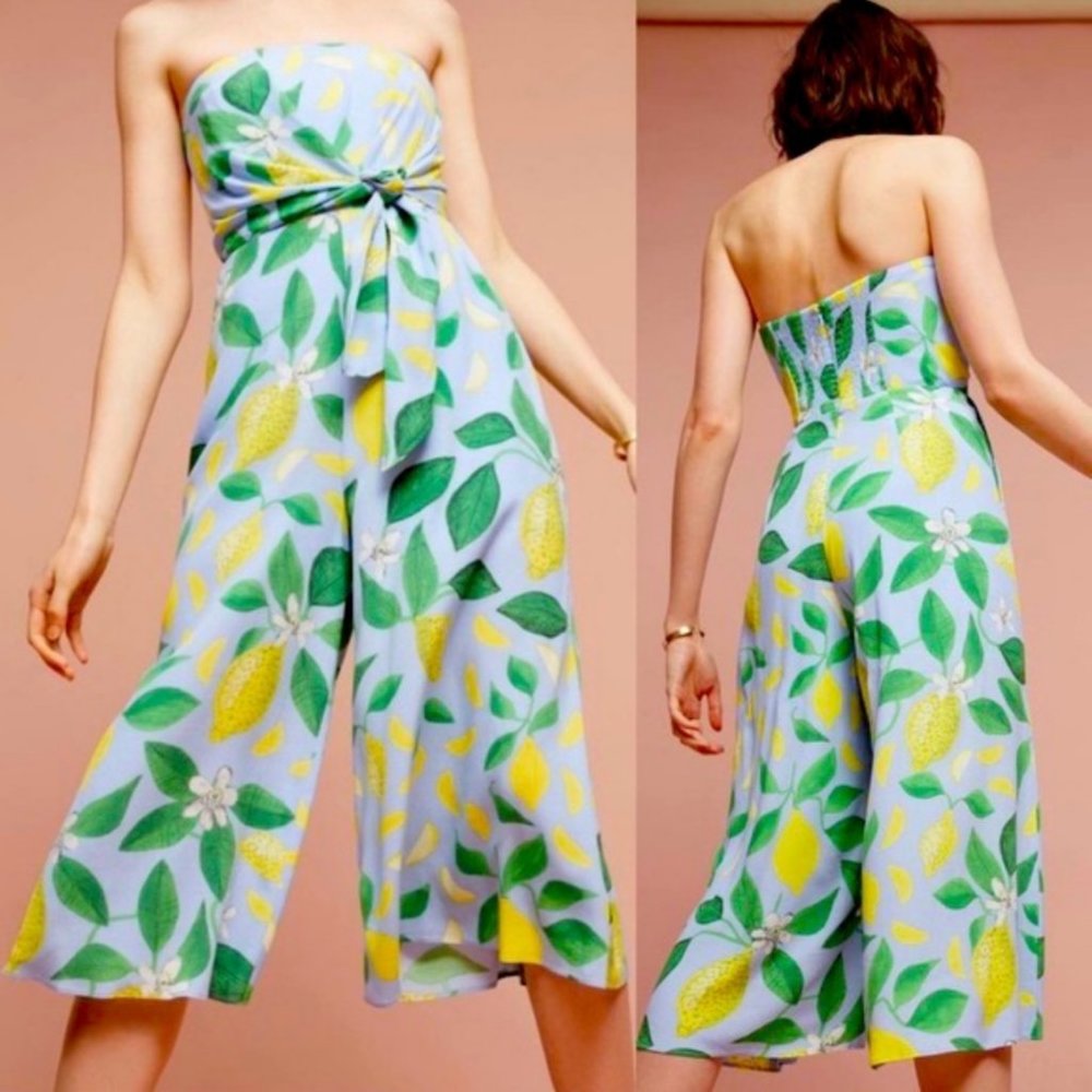 Anthropologie Maeve Lemon Grove Strapless Summer Jumpsuit Size 0 NWOT